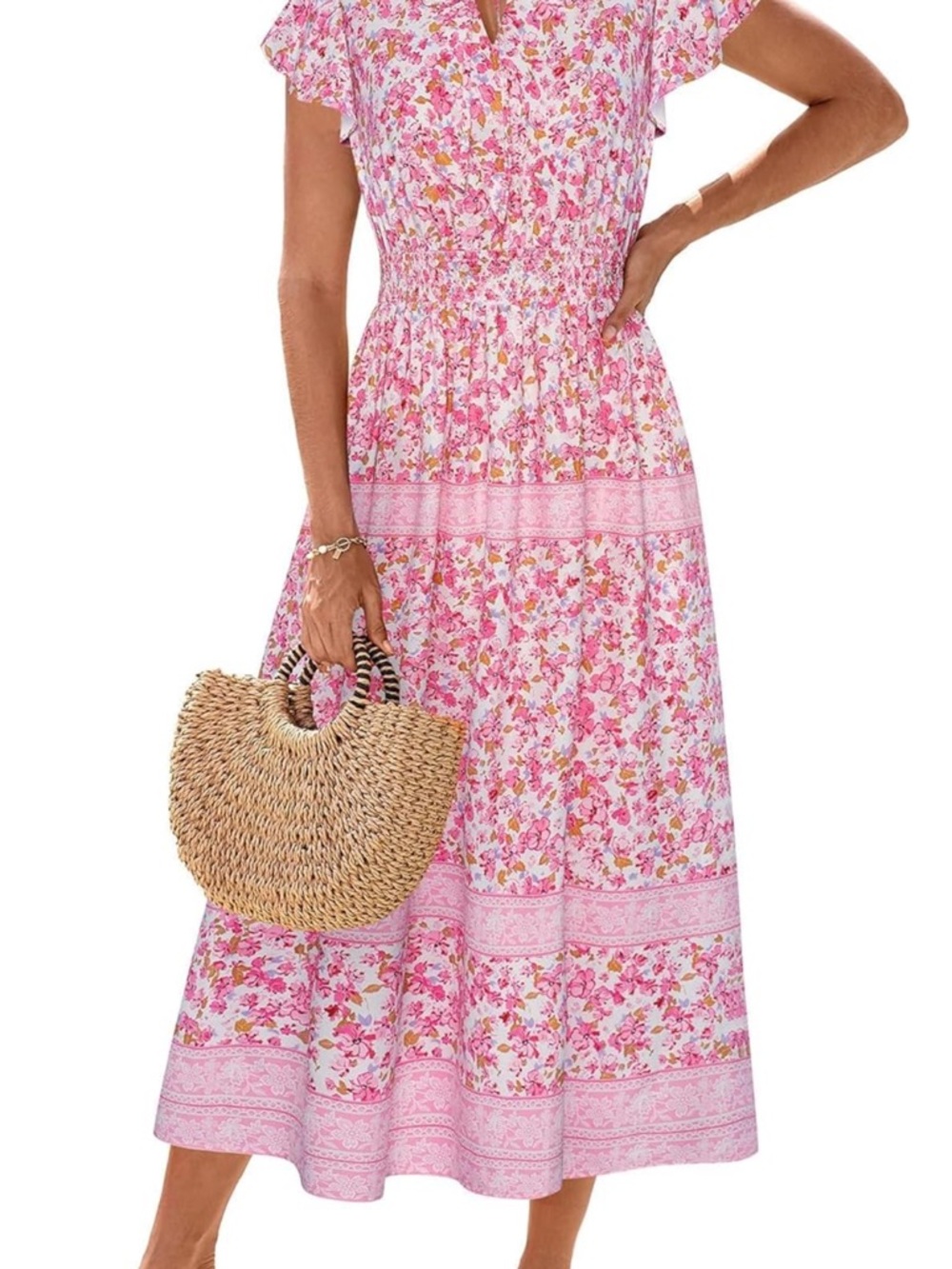 Pink Floral Midi Dress with Smocked Waist